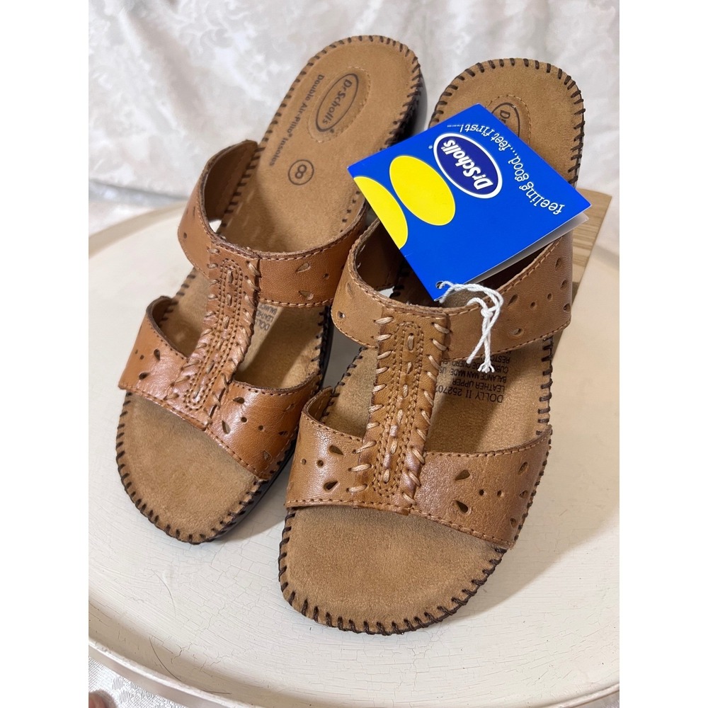 Dr Scholls Dolly II Tan Leather Wedge Sandals Womens 8 M Slides 2527073 New